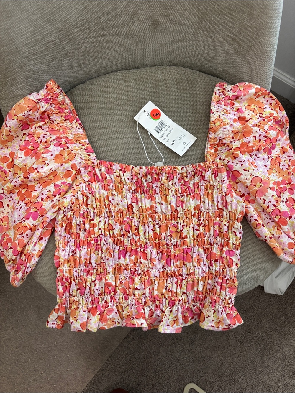 Rhythm Pink & Orange Smocked Puff-Sleeve Crop Top
